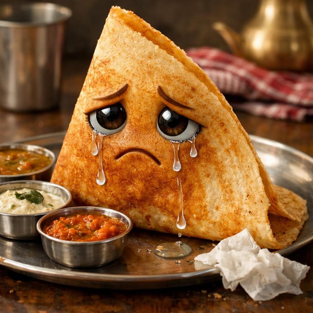 Dosa with sad eyes and tears on a plate with chutneys