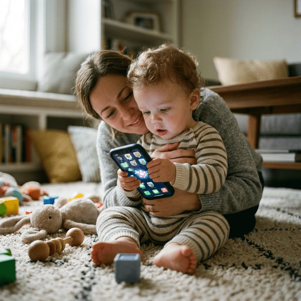 Toddler in striped outfit holding and looking at a smartphone while seated on a carpet surrounded by toys